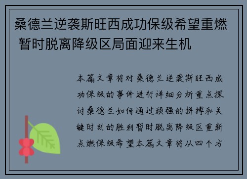 桑德兰逆袭斯旺西成功保级希望重燃 暂时脱离降级区局面迎来生机